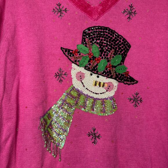 NEW QUACKER FACTORY woman's size medium M Christmas beaded bling snowman sweater - Picture 5 of 12